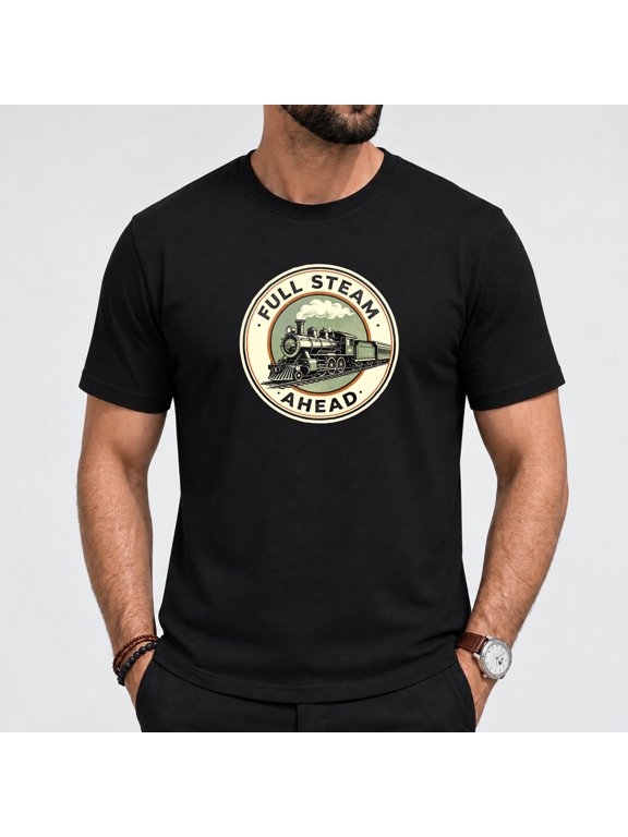 Men's Full Steam Ahead T Shirt, Short Sleeved Casual Cotton Black Tees