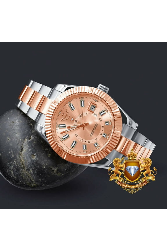 Men's Full Steel 18K 2 Tone Rose Gold Finish Simulated Diamond 40mm Watch W/Date