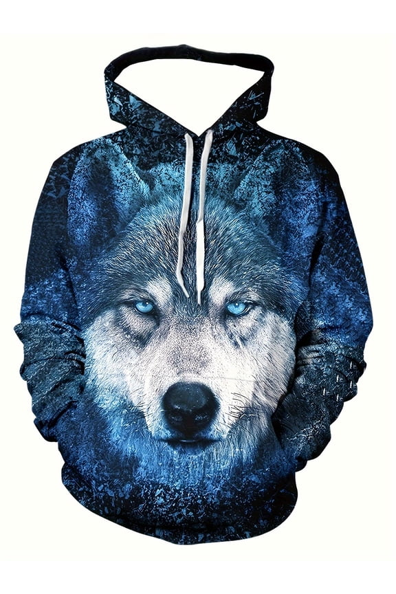 Men's Full Stretch Wolf Head Pattern Hoodie - Cold Blue Eye Design, Drawstring Hood and Front Pocket, Sports Sweatshirt, Trendy Men's Fashion, Fashionable Long Sleeve Sweatshirt