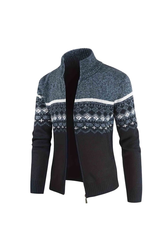 Men's Full Zip Cardigan Snowflakes Pattern Sweater Knitted Cardigan with Pockets for Casual Christmas