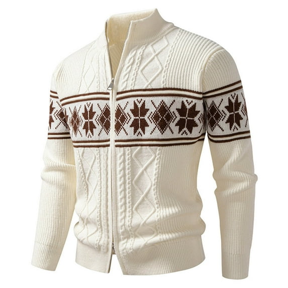 Men's Full Zip Cardigan Snowflakes Pattern Sweater Long Sleeve Stand Collar Knitted Cardigans for Casual Christmas (M, Beige)
