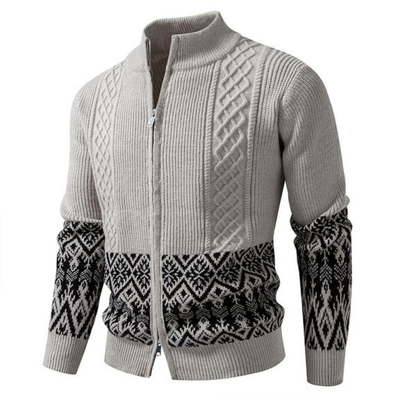Men's Full Zip Cardigan Snowflakes Pattern Sweater Long Sleeve Stand Collar Knitted Cardigans for Casual Christmas (M, Gray)