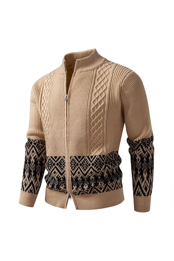 Men's Full Zip Cardigan Snowflakes Pattern Sweater Long Sleeve Stand Collar Knitted Cardigans for Casual Christmas (M, Khaki)