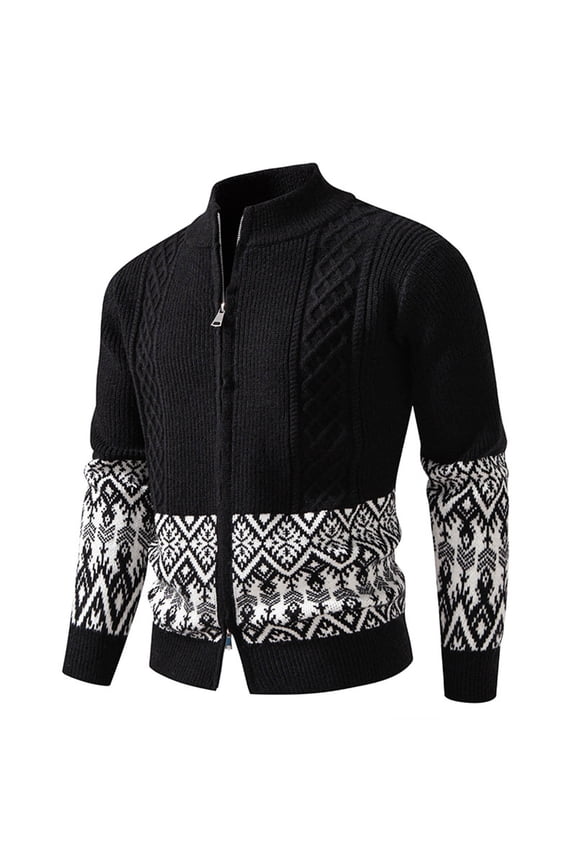 Men's Full Zip Cardigan Snowflakes Pattern Sweater Long Sleeve Stand Collar Knitted Cardigans for Casual Christmas (XXL, Black)