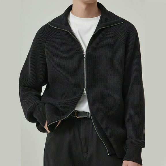 Men's Full Zip Cardigan Sweaters Lapel Collar Long Sleeve Ribbed Sweater (Black M)