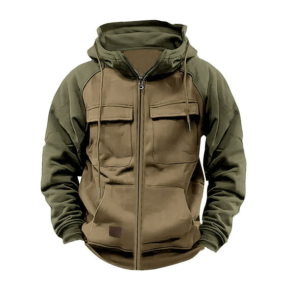 Men's Full Zip Cargo Hoodies Jackets Vintage Color Block Long Sleeve Sweatshirt Outwear with Pockets
