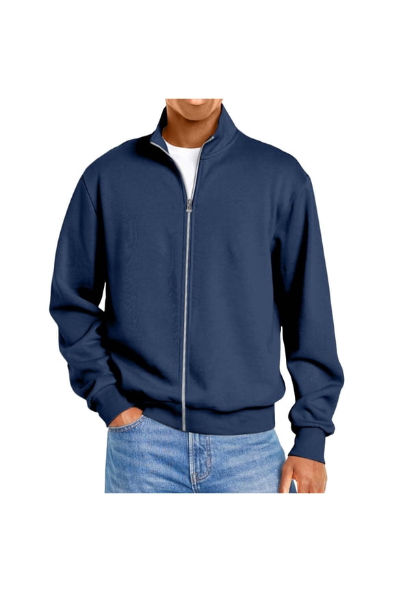 Men's Full-Zip Casual Cardigan - Long Sleeve, Loose Fit, Fall Fashion, Regular Fit, Navy Blue, Size L