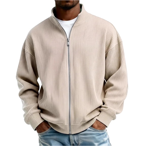 Men's Full-Zip Casual Long-Sleeve Hoodie, Loose-Fit Fall Fashion Outerwear, Skin Color, XL