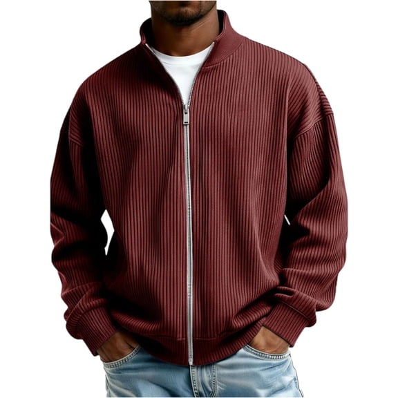 Men's Full-Zip Casual Long-Sleeve Hoodie, Loose-Fit Fall Fashion Outerwear, Wine Red, S
