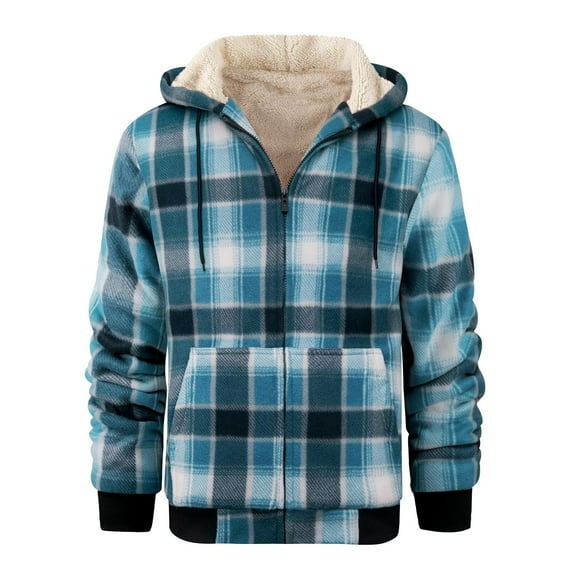 Men's Full Zip Fleece Flannel Jackets Shirt Plaid Cotton Hoodies Soft Warm Coat for Men with Hood