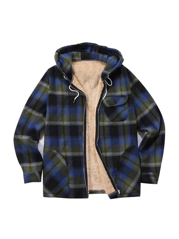 Men's Full Zip Fleece Flannel Jackets Shirt Plaid Sherpa Lined Cotton Hoodies Soft Warm Coat for Men with Hood