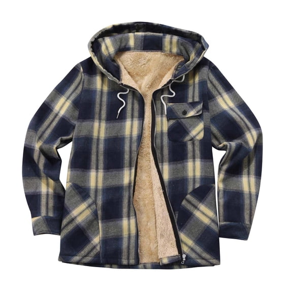 Men's Full Zip Fleece Flannel Jackets Shirt Plaid Sherpa Lined Cotton Hoodies Soft Warm Coat for Men with Hood
