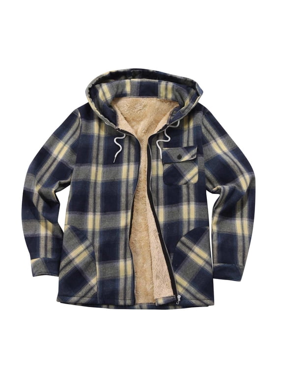 Men's Full Zip Fleece Flannel Jackets Shirt Plaid Sherpa Lined Cotton Hoodies Soft Warm Coat for Men with Hood