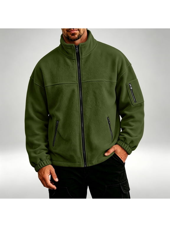 Men's Full Zip Fleece Jacket Lightweight Warm Fuzzy Stand Collar Casual Outerwear with Pockets Army Green M