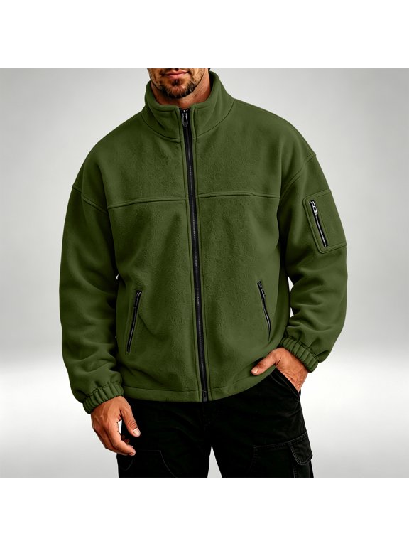 Men's Full Zip Fleece Jacket Lightweight Warm Fuzzy Stand Collar Casual Outerwear with Pockets Army Green S