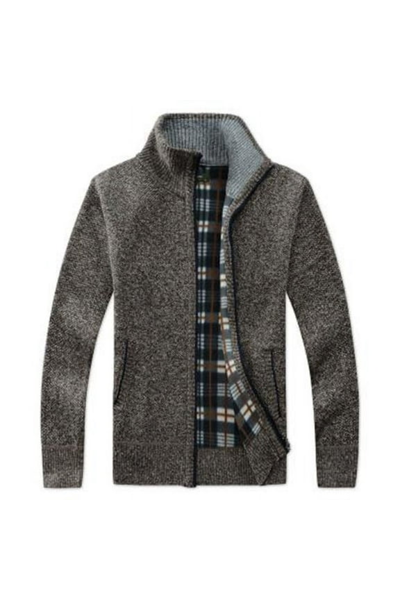 Men's Full-Zip Fleece Jacket Stand Collar Cable Knitted Zip Cardigan Sweater Jacket Button Cable Sweater with Pocket