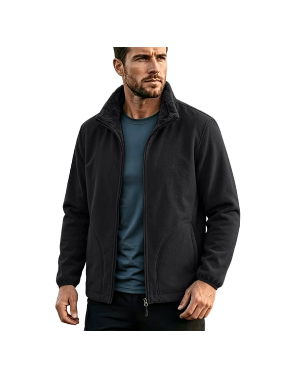 Men's Full Zip Fleece Jacket Winter Warm Sherpas Lined Outdoor Walking Coat Cosy Lined Plush Thicken Jackets with Pockets Solid Color Long Sleeved Stand Up Collar Teddy Bear Coats Faux Fur Outerwear