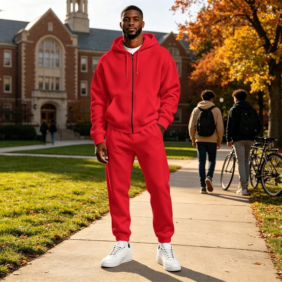 Men's Full Zip Fleece Track Suit 2 Piece Basic Warm Sweat Set Zip‑Up Hoodie & Joggers Sets for Men