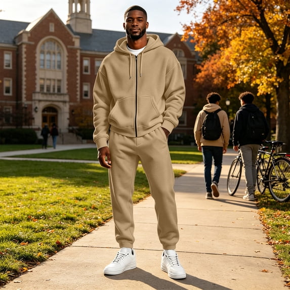 Men's Full Zip Fleece Track Suit 2 Piece Basic Warm Sweat Set Zip‑Up Hoodie & Joggers Sets for Men