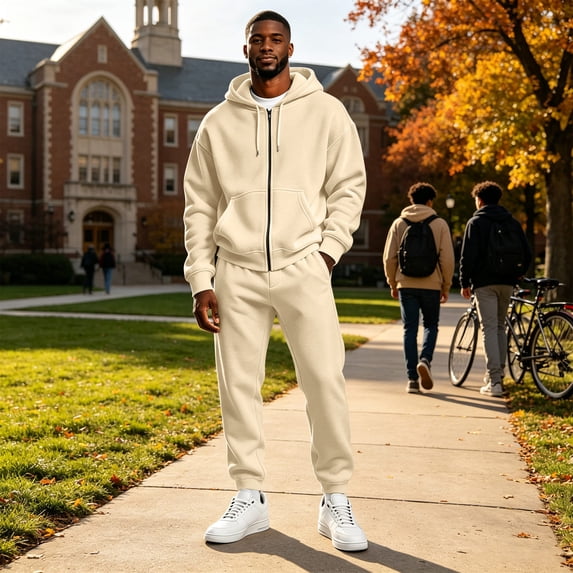 Men's Full Zip Fleece Track Suit 2 Piece Basic Warm Sweat Set Zip‑Up Hoodie & Joggers Sets for Men