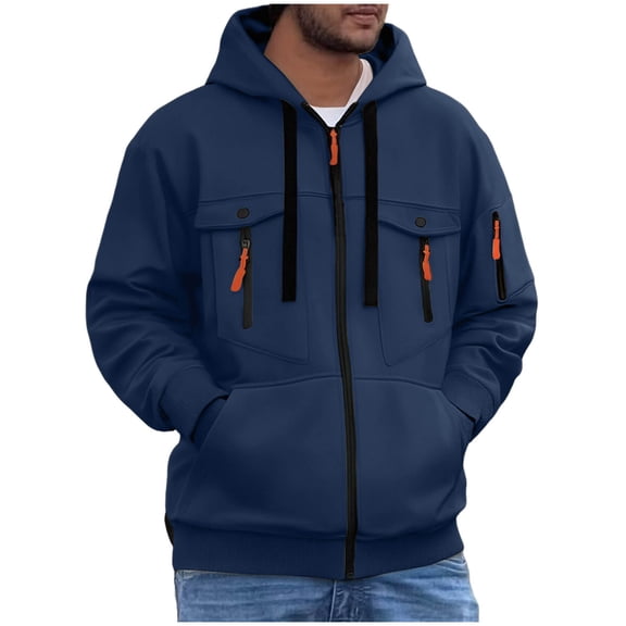 Men's Full-Zip Hooded Jacket, Fleece Contrast Drawstrings Multiple Zipper Pockets Workwear Style,Durable Fabric Fall Winter Casual Outdoor Daily Loungewear