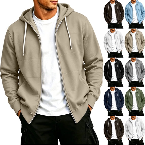 Men's Full Zip Up Hooded Sweatshirt Drawstring Adjustable Regular Relaxed Fit Long Sleeve With Front Hand Pockets Solid Color Casual Outerwear Layering Hoodie.