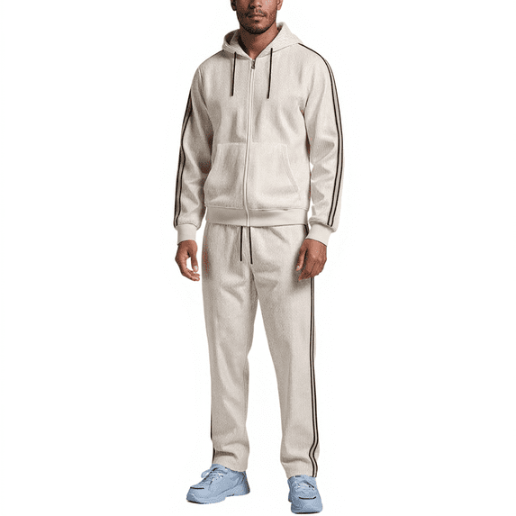 Men's Full Zip Hooded Tracksuit Set with Stripe Detail Long Sleeve Jacket and Drawstring Pants for Everyday Wear