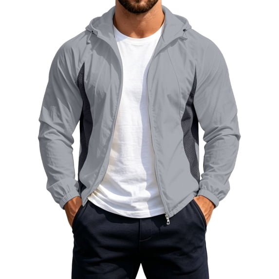 Men's Full Zip Hooded Windbreaker Lightweight Outdoor Hiking Jacket UPF Cooling Mesh Patchwork Quick Dry for Golf Fishing Size 3XL Gray-A