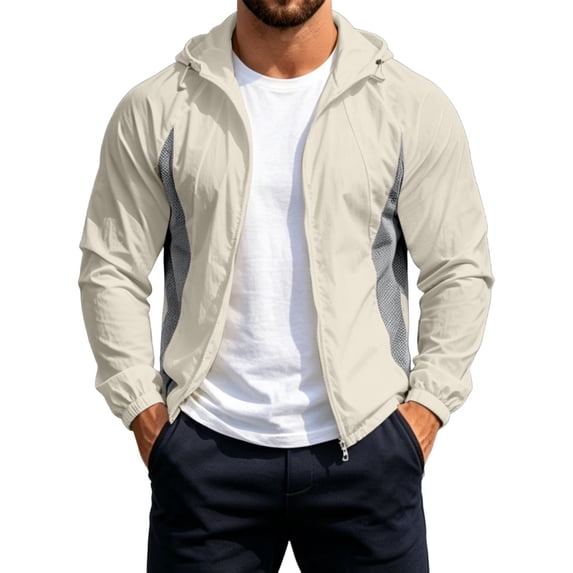 Men's Full Zip Hooded Windbreaker Lightweight Outdoor Hiking Jacket UPF Cooling Mesh Patchwork Quick Dry for Golf Fishing Size 3XL White-A