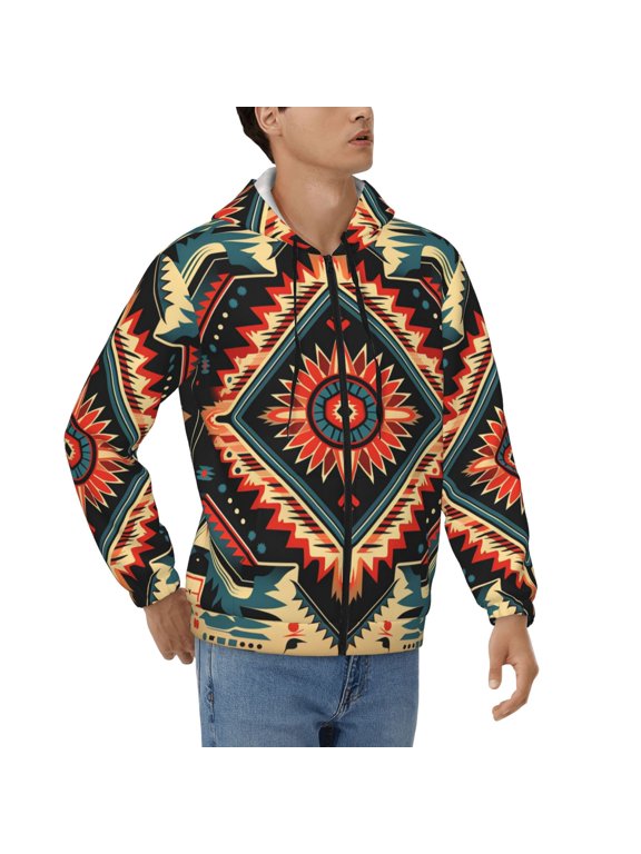Men's Full Zip Hoodie, All Over Print, Hooded Sweatshirt Jacket , Aztec Baja Western Native Southwest Print