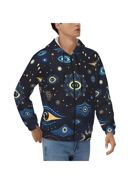 Men's Full Zip Hoodie, All Over Print, Hooded Sweatshirt Jacket , Cool Magic Evil Eyes Print