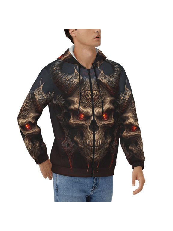 Men's Full Zip Hoodie, All Over Print, Hooded Sweatshirt Jacket , Demon Satanic Skull Red Eye Print