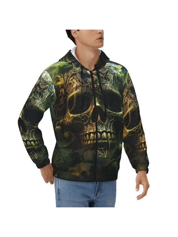 Men's Full Zip Hoodie, All Over Print, Hooded Sweatshirt Jacket , Green Weed Cool Skull Print