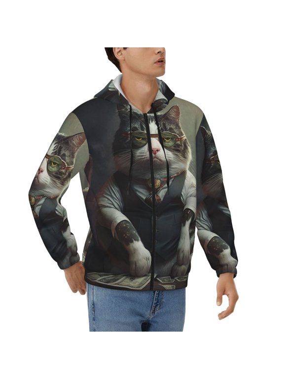 Men's Full Zip Hoodie, All Over Print, Hooded Sweatshirt Jacket , Rich Cat Cash Money Funny Art Print