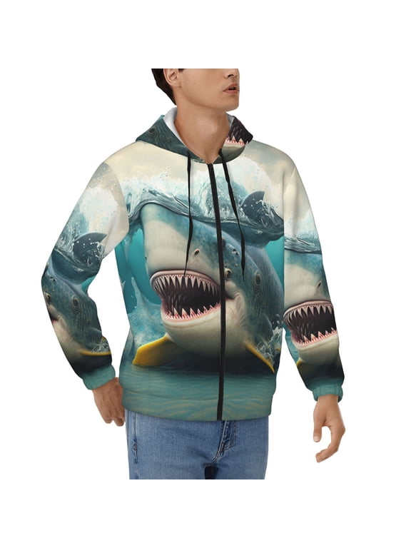 Men's Full Zip Hoodie, All Over Print, Hooded Sweatshirt Jacket , Shark Funny Duck Art Print