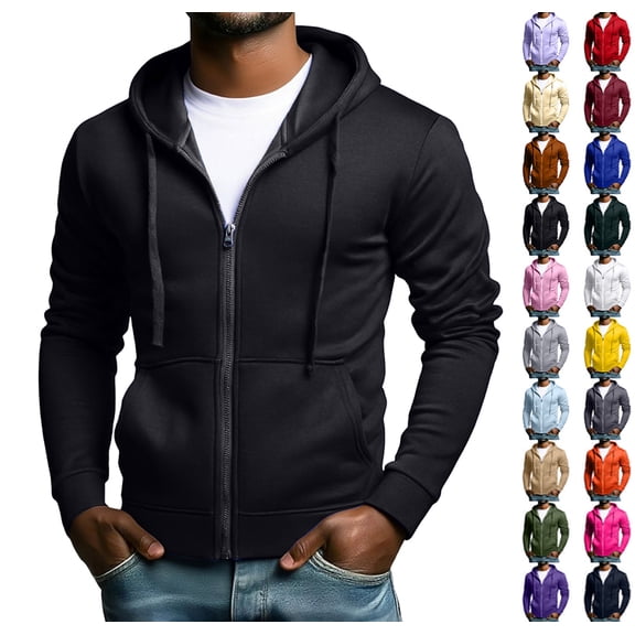 Men's Full Zip Hoodie Casual Long Sleeve Hooded Sweatshirt Fleece Drawstring Zip Up Jacket with Pockets Black XL