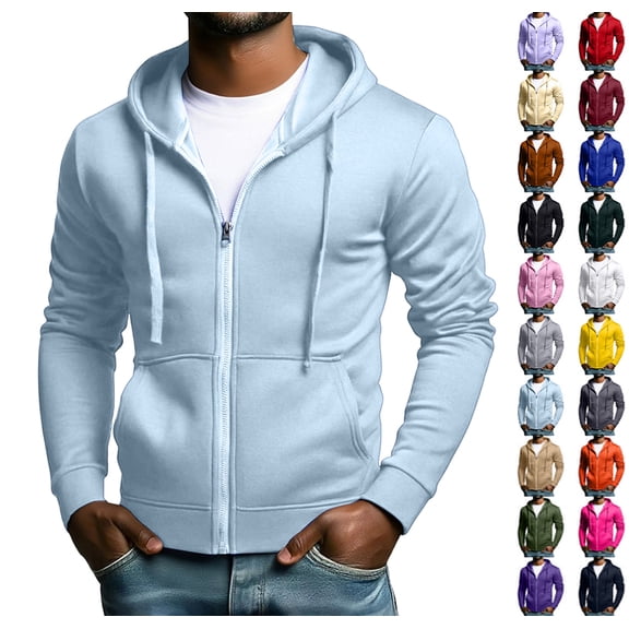Men's Full Zip Hoodie Casual Long Sleeve Hooded Sweatshirt Fleece Drawstring Zip Up Jacket with Pockets Light Blue M