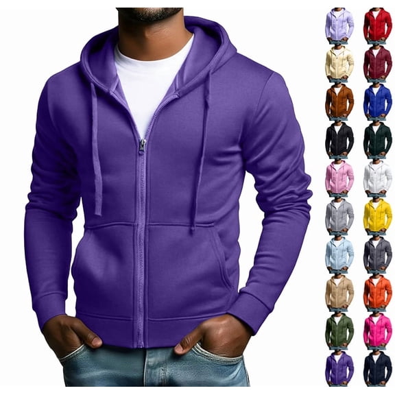 Men's Full Zip Hoodie Casual Long Sleeve Hooded Sweatshirt Fleece Drawstring Zip Up Jacket with Pockets Purple M