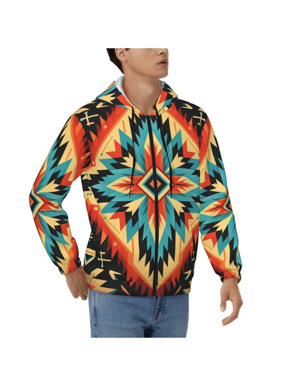 Men's Full Zip Hoodie, Hooded Sweatshirt Jacket Coat , Aztec Baja Southwest Native Western Art Print
