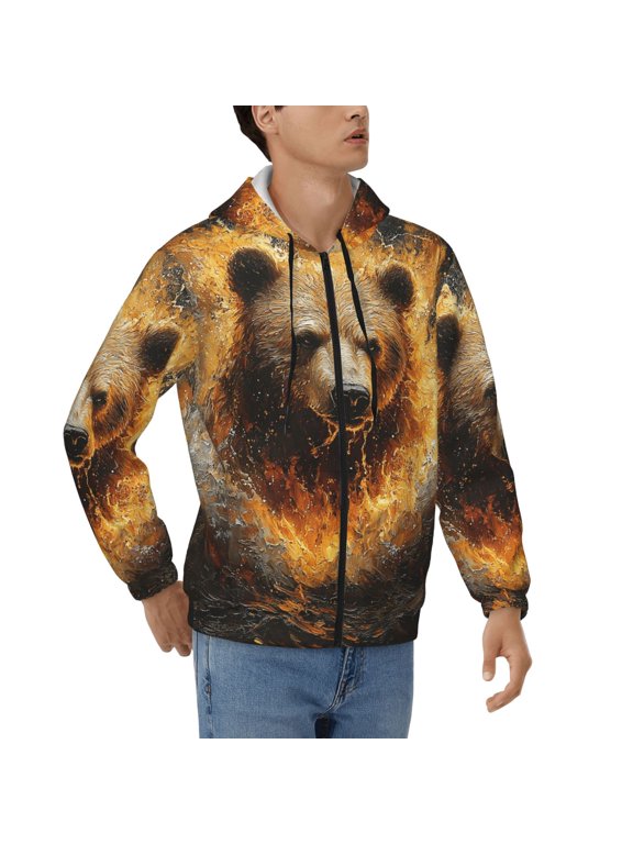 Men's Full Zip Hoodie, Hooded Sweatshirt Jacket Coat , Bear Fire Water Print