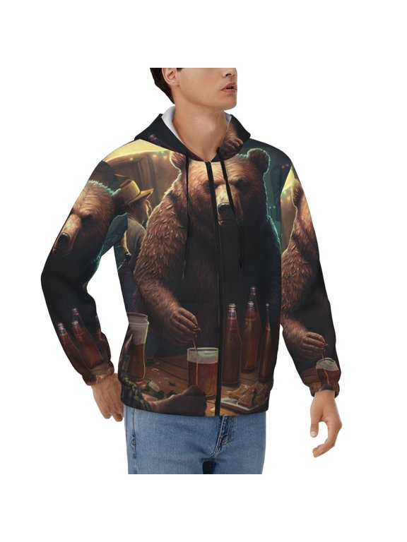 Men's Full Zip Hoodie, Hooded Sweatshirt Jacket Coat , Bear Party Cool Funny Print