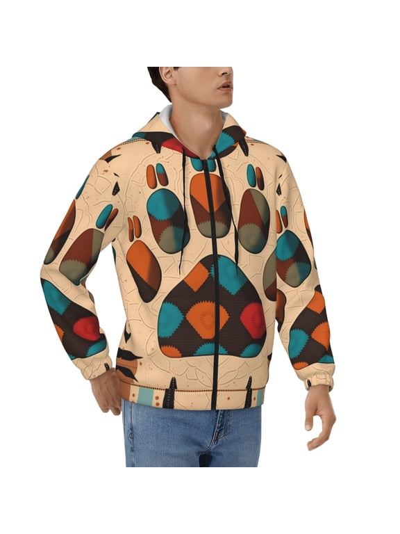 Men's Full Zip Hoodie, Hooded Sweatshirt Jacket Coat , Bear Paw Southwestern Vintage Tribal Print