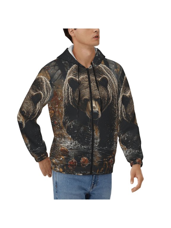 Men's Full Zip Hoodie, Hooded Sweatshirt Jacket Coat , Bear Wildlife Animal Print