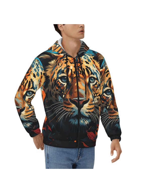 Men's Full Zip Hoodie, Hooded Sweatshirt Jacket Coat , Cheetah Leopard Print Tiger Cool Art Print