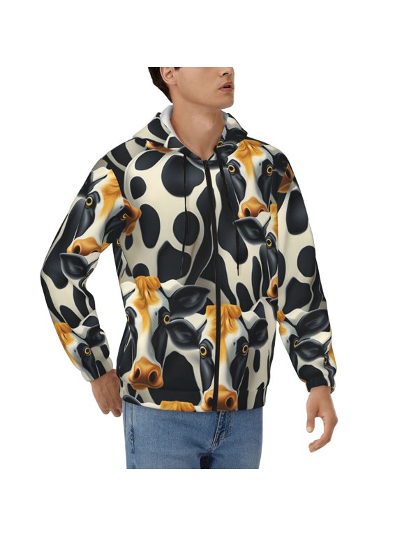Men's Full Zip Hoodie, Hooded Sweatshirt Jacket Coat , Cow Cool Print Print