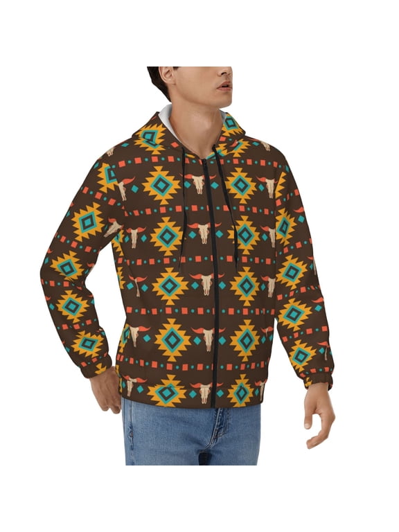 Men's Full Zip Hoodie, Hooded Sweatshirt Jacket Coat , Cowboy Western Native Print