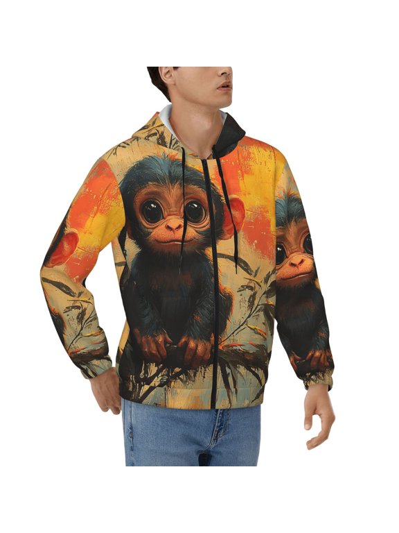 Men's Full Zip Hoodie, Hooded Sweatshirt Jacket Coat , Cute Monkey Retro Print