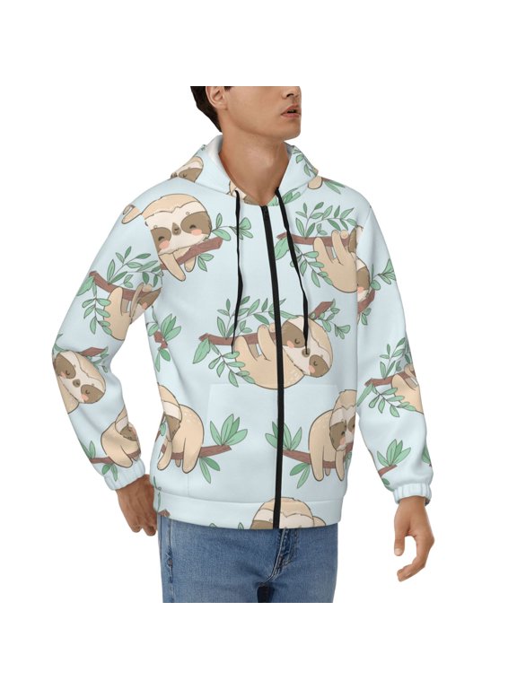 Men's Full Zip Hoodie, Hooded Sweatshirt Jacket Coat , Cute Sloths Branch Leaves Print