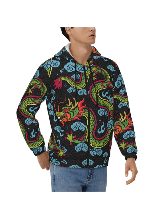 Men's Full Zip Hoodie, Hooded Sweatshirt Jacket Coat , Dragon Asian Chinese Zodiac Print