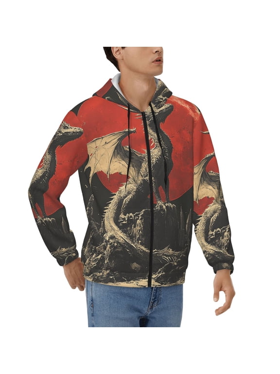 Men's Full Zip Hoodie, Hooded Sweatshirt Jacket Coat , Dragon Gothic Retro Red Moon Print